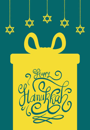 happy hanukkah celebration lettering with gift and stars hanging vector illustrationのイラスト素材