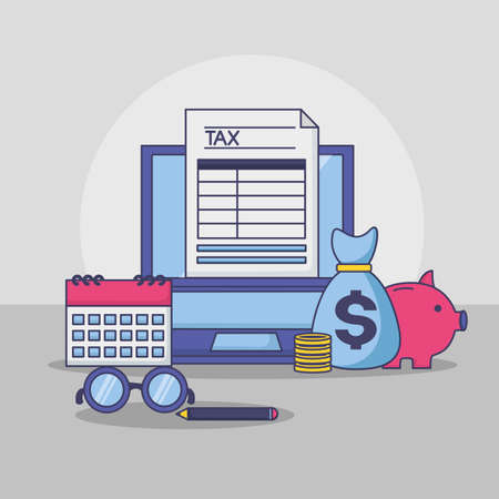 laptop money bag piggy bank calendar form tax payment vector illustrationのイラスト素材