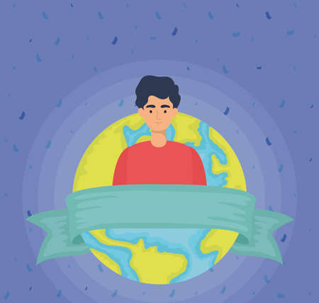 young man with world planet character vector illustration designのイラスト素材