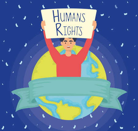 young man with human rights label and world planet vector illustration designのイラスト素材