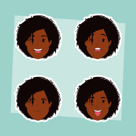 group of afro women heads and expressions vector illustration designのイラスト素材