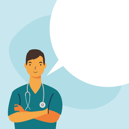male doctor with uniform and bubble design of medical care and covid 19 virus theme Vector...