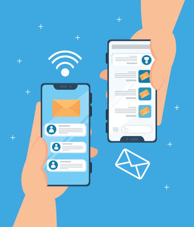 social media concept, hands holding smartphones with notifications vector illustration designのイラスト素材
