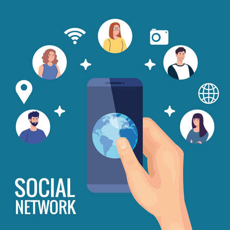 social network, people connected by smartphone, communicate and global concept vector illustration designのイラスト素材