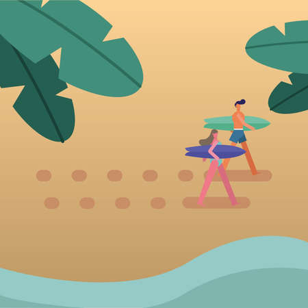 young couple wearing swimsuits walking with surfboards characters vector illustration designのイラスト素材