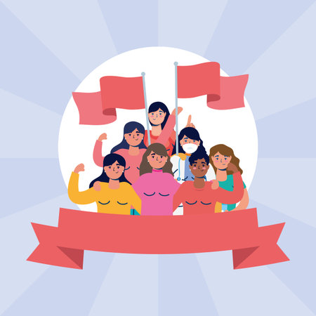 interracial women protesting with flags vector illustration design