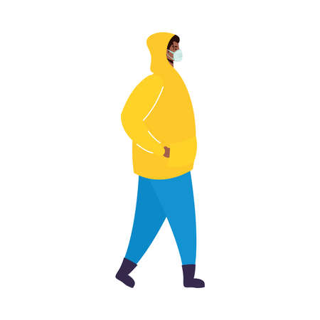 afro young man wearing medical mask character vector illustration designのイラスト素材