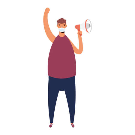 man wearing medical mask protesting with megaphone vector illustration designのイラスト素材