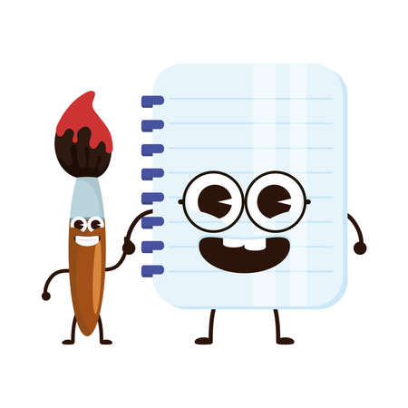 notebook school and paint brush supplies kawaii characters vector illustration designのイラスト素材