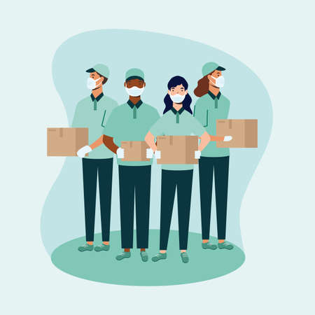 Men and women with masks and boxes design, Safe delivery quarantine logistics and transportation theme Vector illustrationのイラスト素材