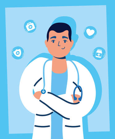 professional doctor with medical set icons vector illustration designのイラスト素材