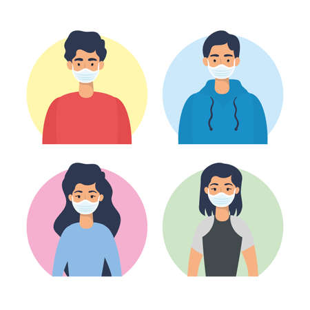 young people using face masks characters vector illustration designのイラスト素材