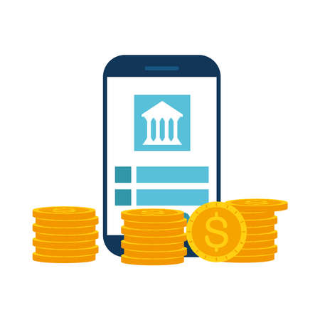 Smartphone with bank and coins of Online payments money and ecommerce theme Vector illustrationのイラスト素材