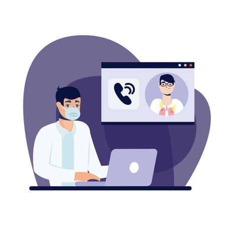 online male doctor with mask and laptop design of Medical care consultation and covid 19 virus theme Vector illustrationのイラスト素材