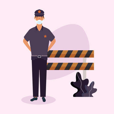 police man with mask and barrier design, Workers occupation and job theme Vector illustrationのイラスト素材