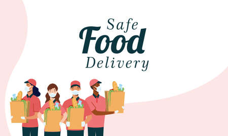 Men and women with masks and bags design, Safe delivery quarantine logistics and transportation theme Vector illustrationのイラスト素材