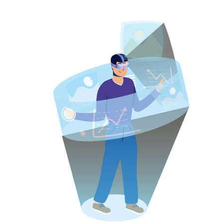 young man using reality virtual tech in interactive display vector illustration designのイラスト素材