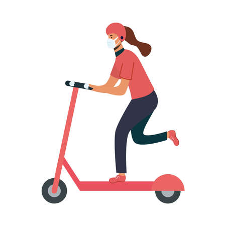 woman with mask on scooter design, Safe delivery quarantine logistics and transportation theme Vector illustrationのイラスト素材