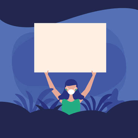 Woman with medical mask and banner board design, Manifestation protest and demonstration theme Vector illustrationのイラスト素材