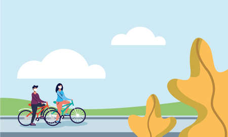 woman and man riding bike with masks at street design of medical care and covid 19 virus theme Vector illustrationのイラスト素材