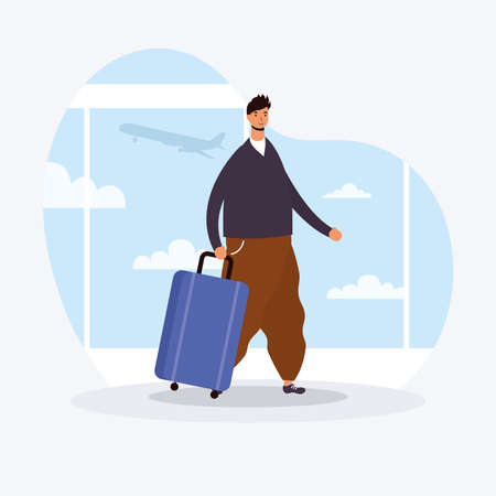 young man casual with suitcase avatar character vector illustration designのイラスト素材