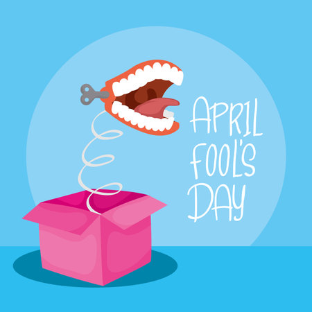 happy april fools day card with surprise box and crazy mouth vector illustration