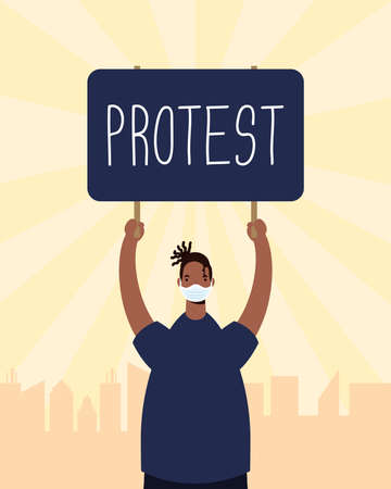 afro man wearing medical mask protesting with placard vector illustration designのイラスト素材