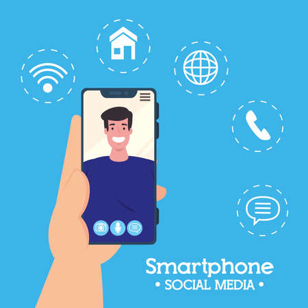 hand holding smartphone video call on the screen with man, social media concept vector illustration designのイラスト素材
