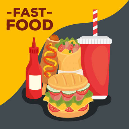 fast food poster, sandwich and set of fast food vector illustration designのイラスト素材