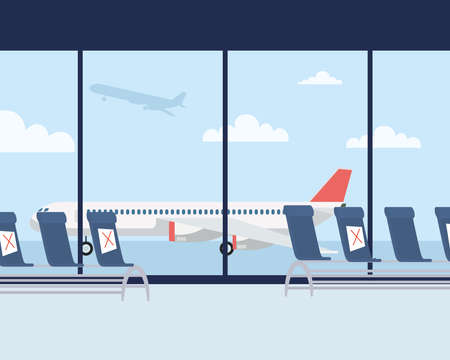 airport waiting room chairs with social distance for covid19 vector illustration designのイラスト素材