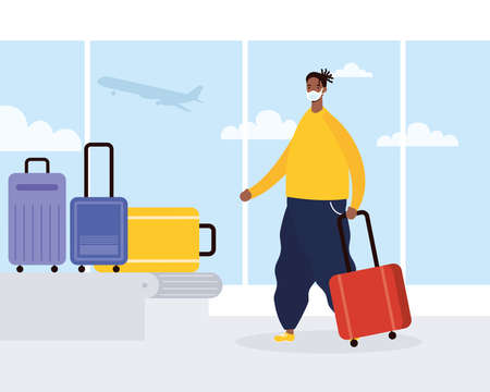 afro young man wearing medical mask with suitcases in transport band vector illustration designのイラスト素材