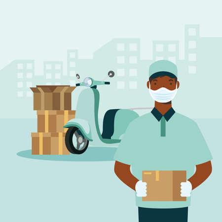 Man with mask motorcycle and boxes design, Safe delivery quarantine logistics and transportation theme Vector illustrationのイラスト素材