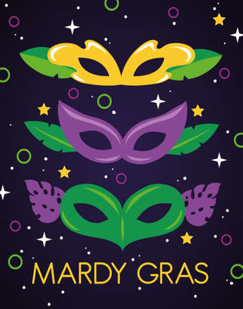 mardi grass celebration card with masks vector illustration designのイラスト素材