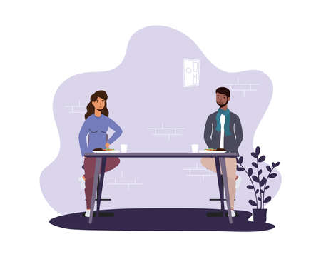 interracial couple dinning in restaurant practicing social distancing ,covid19 prevention method vector illustration designのイラスト素材