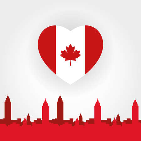 canada day celebration card with flag in heart and cityscape vector illustration designのイラスト素材