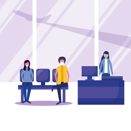 Man and woman with medical mask on chair and reception design, Cancelled flights travel and airport theme Vector illustrationのイラスト素材