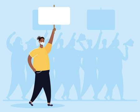 afro man wearing medical mask protesting with placard vector illustration designのイラスト素材
