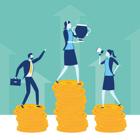 businessman and woman money stacked trophy business success vector illustrationのイラスト素材