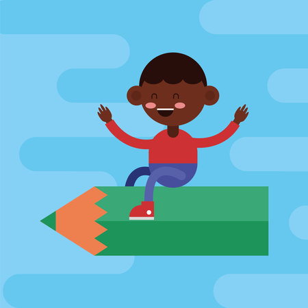 little student afro boy in pencil comic character vector illustration designのイラスト素材