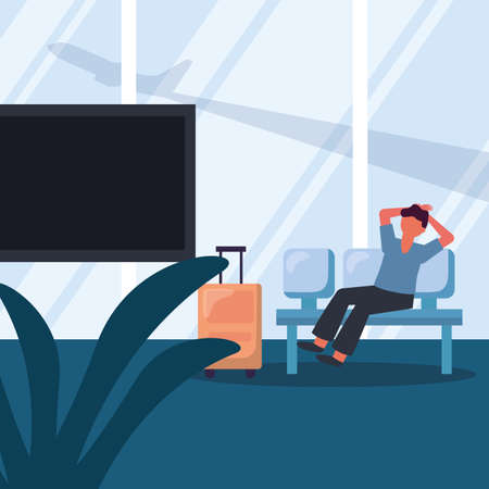 Man with travel bag on chair design, Cancelled flights travel and airport theme Vector illustrationのイラスト素材