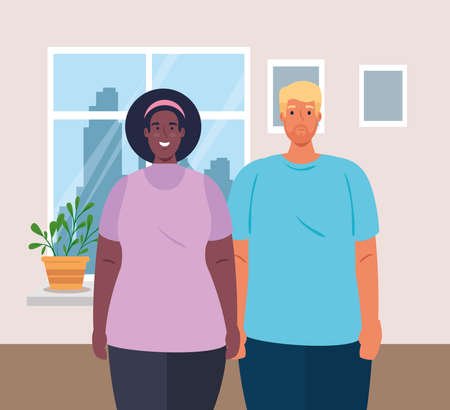 multiethnic couple in the house, cultural and diversity concept vector illustration designのイラスト素材