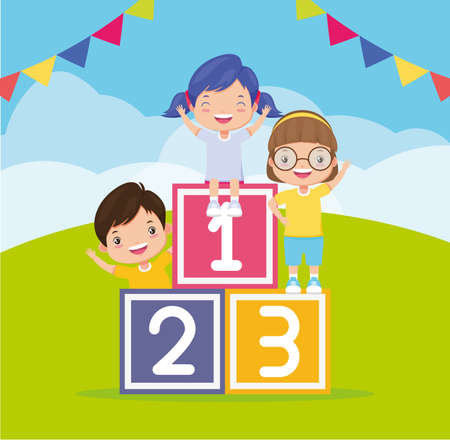 kids zone boy and girls with number cubes vector illustrationのイラスト素材
