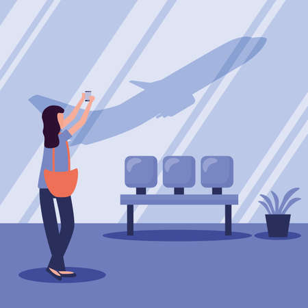 Woman taking picture at airport design, Cancelled flights travel and airport theme Vector illustrationのイラスト素材
