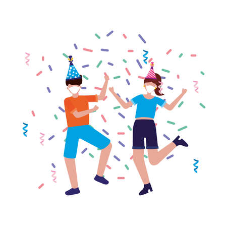 woman and man with masks and party hats design of medical care and covid 19 virus theme Vector illustrationのイラスト素材