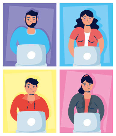 people using laptop stay at home campaign vector illustrationのイラスト素材