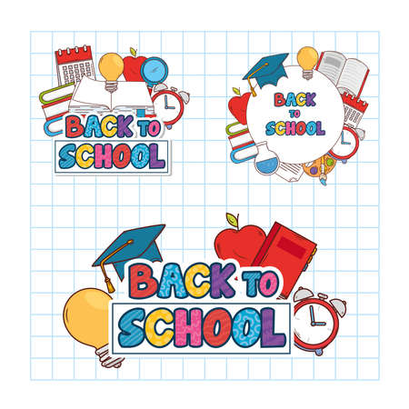 set banners of back to school with supplies education icons vector illustration designのイラスト素材