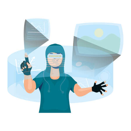 young man using reality virtual tech in chair vector illustration designのイラスト素材