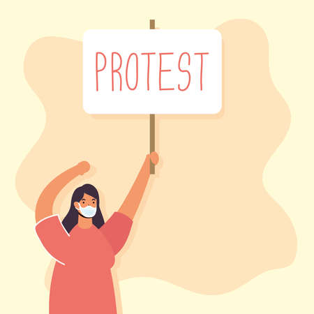 woman wearing medical mask protesting with placard vector illustration designのイラスト素材