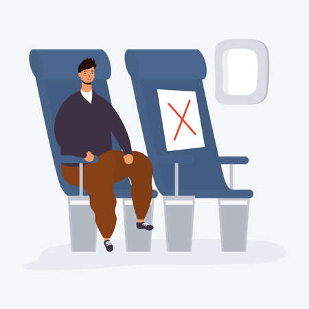 young man seated in airplane chair avatar character vector illustration designのイラスト素材
