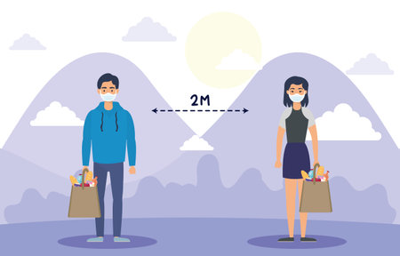 couple using face masks with groceries shopping bag and social distancing vector illustration design